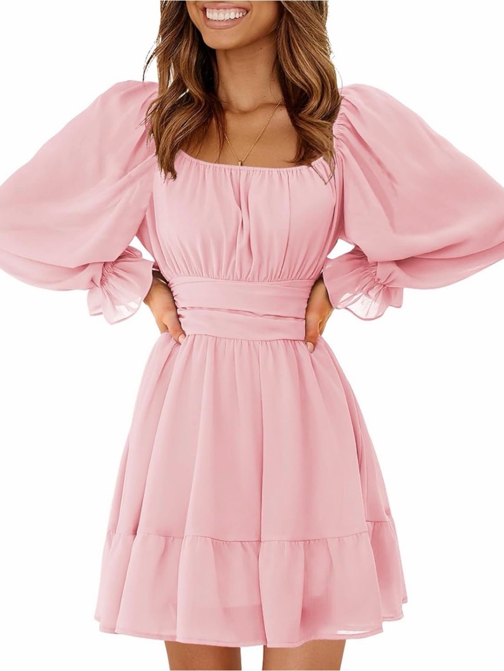 NWOT Lantern Puff-Sleeve Pink Mini Dress with Square Neck, Medium